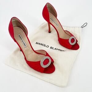 Manolo Blahnik Red Satin Sedaraby Crystal Detail D'Orsay Peep Toe Heel IT 38.5